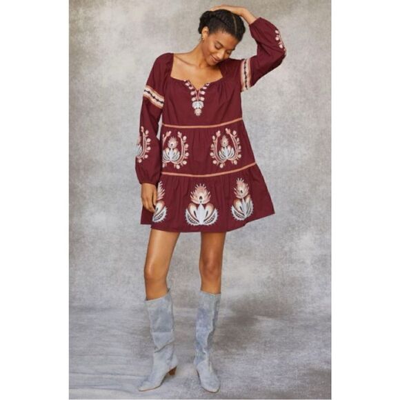 NEW Anthropologie Let Me Be Embroidered V-Neck Tunic Peasant Mini Dress Medium - Picture 1 of 7